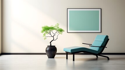 Open space minimalist interior with azure blue chaise, leaf green lounge armchair, minimal art on beige plaster wall, and black steel coffee table, full-frame studio-style capture,