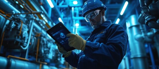 Industrial worker using digital tablet in factory