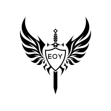 EOY Winged Sword and Shield Logo with EOY Letters, Heraldic Emblem, EOY Later Logo,  Black and White Vector Design
