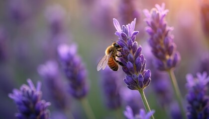 Bee in flight over lavender flowers field. Purple blooms create vibrant colorful backdrop. Bee wings spread out for movement and speed. Image slightly out of focus for depth and flight path emphasis.