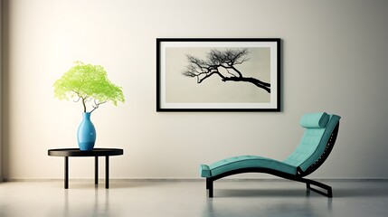Open space minimalist interior with azure blue chaise, leaf green lounge armchair, minimal art on beige plaster wall, and black steel coffee table, full-frame studio-style capture,