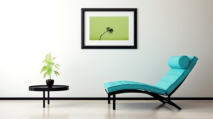 Open space minimalist interior with azure blue chaise, leaf green lounge armchair, minimal art on beige plaster wall, and black steel coffee table, full-frame studio-style capture,