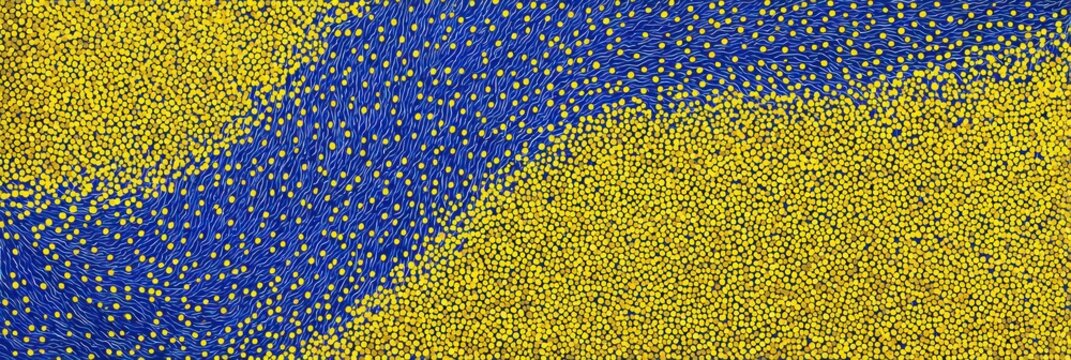 Abstract artwork featuring yellow dots on a blue background.