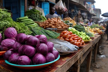 Colorful display of fresh vegetables and fish at a bustling market in Nigeria showcasing local produce and ambiance