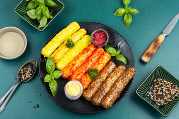 Various kind of types of fresh sausages.