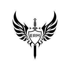 Obraz premium ERM Winged Sword and Shield Logo with ERM Letters, Heraldic Emblem, ERM Later Logo, Black and White Vector Design 