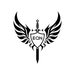 EQN Winged Sword and Shield Logo with EQN Letters, Heraldic Emblem, EQN Later Logo,  Black and White Vector Design
