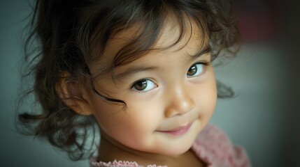 a real little girl around 3 years old smiling shyly, looking slightly away, cute and bashful expression, photorealistic 