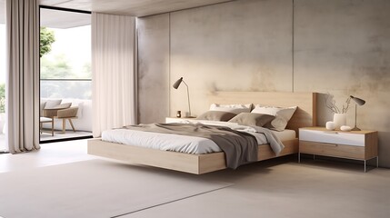 Scandinavian-modern bedroom with light oak furnishings, off-white bedding, raw concrete ceiling and walls, beige accents throughout, 3d render
