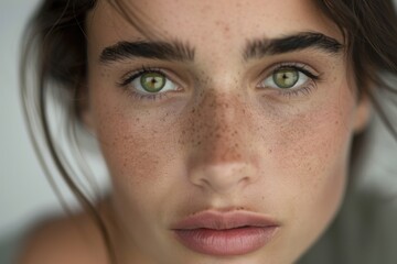 Fototapeta premium Beautiful woman showing her perfect freckled skin and green eyes
