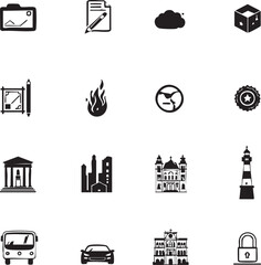 Modern Vector EPS Icon Set Featuring 20 Unique Flat Style Designs of Buildings, Vehicles, Tools, Objects, and Landmarks
