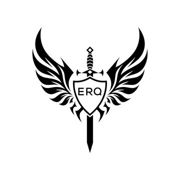ERQ Winged Sword and Shield Logo with ERQ Letters, Heraldic Emblem, ERQ Later Logo,  Black and White Vector Design
