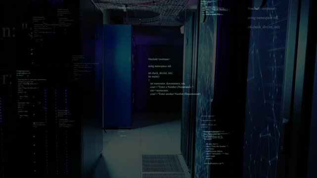 Dimly lit data center corridor until frame two fading and scrolling code overlays showing data flow