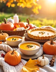 Rustic Autumn Picnic with Pumpkin Pie, Creamy Pumpkin Soup, Apples, and Seasonal Decorations on a Cozy Blanket in Fall Foliage