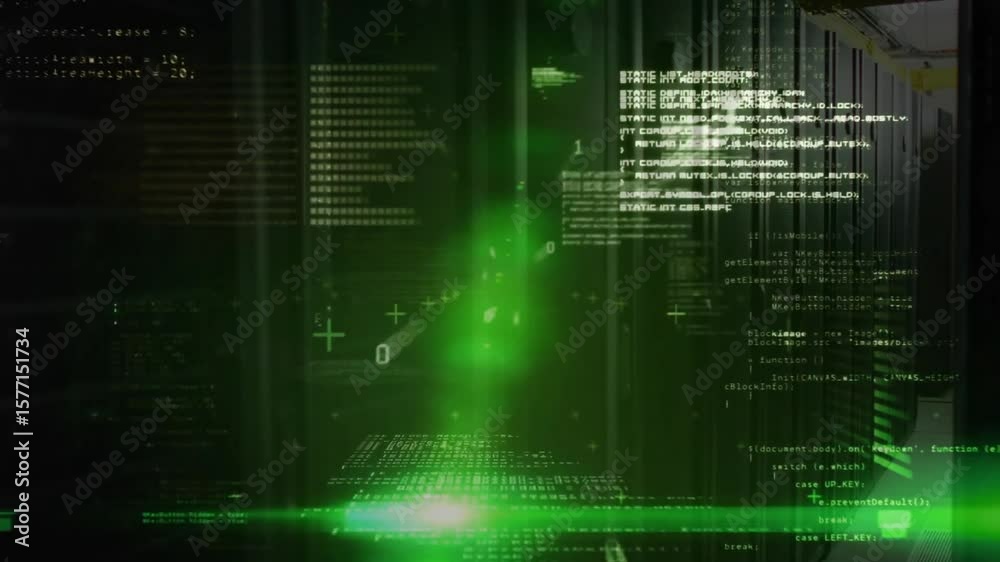 Poster green scan beam pulsing at floor then rising along racks, visualizing code clusters activating
