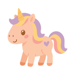 Adorable pastel unicorn with yellow horn and purple mane stands smiling, great for magical animal themes, baby decor, and whimsical fairy tales.