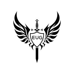 EUG Winged Sword and Shield Logo with EUG Letters, Heraldic Emblem, EUG Later Logo,  Black and White Vector Design
