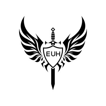 EUH Winged Sword and Shield Logo with EUH Letters, Heraldic Emblem, EUH Later Logo,  Black and White Vector Design
