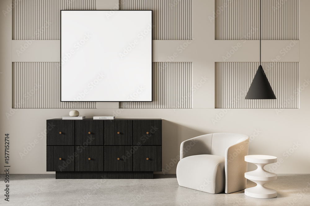 Fototapete modern interior with blank poster frame above dark cabinet, armchair and geometric side table in neu