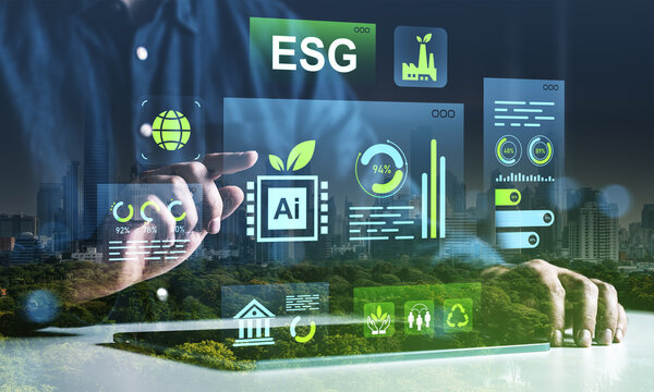 ESG and AI integration futuristic interface with sustainability icons and data charts over city background illustrating green technology concept.