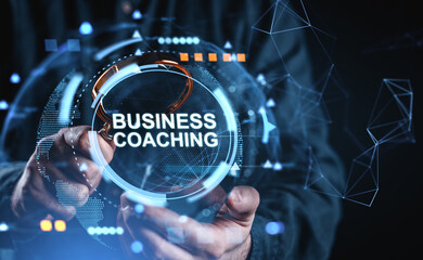 Futuristic business coaching concept with holographic interface and digital hands-on guidance...