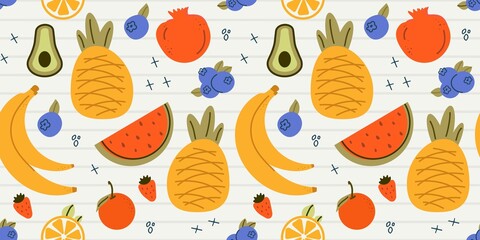 Seamless pattern of summer fruits: banana, watermelon, avocado, lemon. Delicious berry, natural food. Flat, linear design in a minimalist style. art  cartoon background for print, textiles, paper.