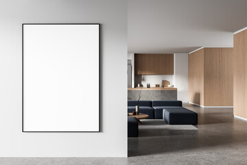 Blank poster mockup on clean wall in modern interior with wooden kitchen design and minimalist...