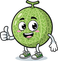 Cute green melon cartoon character with big eyes, smiley face, sneakers, thumbs up gesture, healthy fruit mascot illustration for kids, fun food design