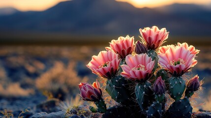 Sunset illuminates vibrant pink cactus blossoms in desert landscape.