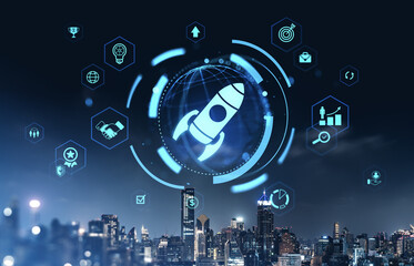 Futuristic startup launch concept with rocket icon over digital globe and Bangkok city skyline at night, representing innovation in Asia.