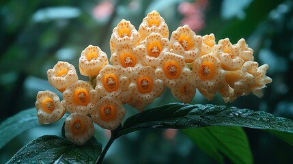 Close-up of a cluster of pale yellow flowers with orange dots, on a green stem and leaves.