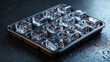 Tray of fresh ice cubes on dark surface.
