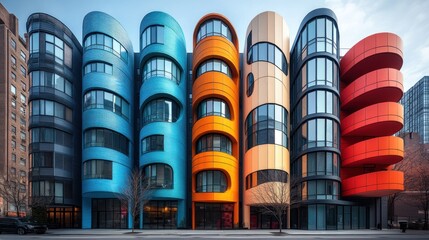 Colorful, curved modern apartment buildings in a city.