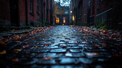 Cobblestone alleyway at dusk, wet autumn leaves.