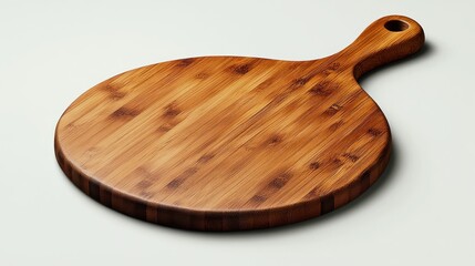 Round bamboo cutting board with handle, isolated on white background.