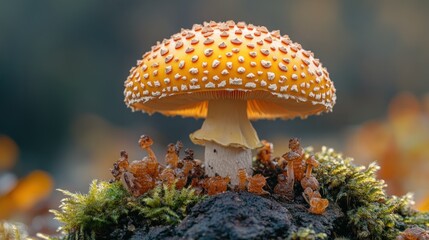 Vibrant orange mushroom with white dots on mossy ground.