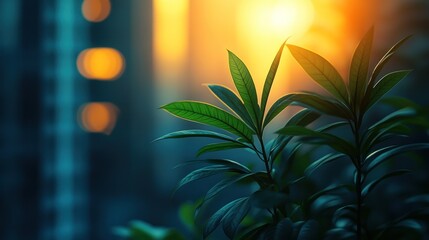 Lush green plant leaves backlit by warm sunset light, bokeh city background.