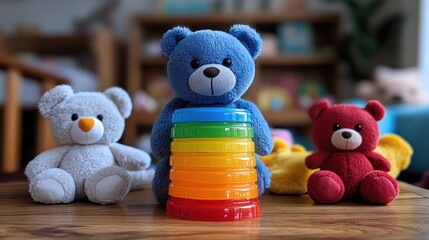 Three plush teddy bears with a colorful stacking toy.