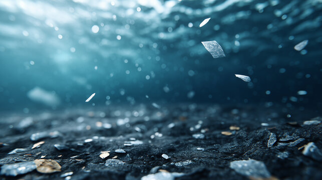 floating plastic and microplastic pollution in ocean water — conceptual image for environmental campaigns, marine pollution awareness, sustainability presentations, and educational use