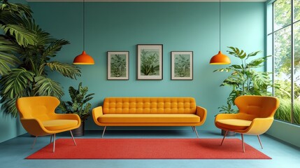 Teal room with orange mid-century modern sofa, chairs, plants, and rug.