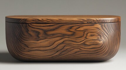 Oval wooden box with lid, showing rich wood grain.