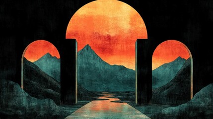 Surreal sunset landscape viewed through three arched doorways.