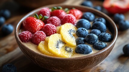 Creamy smoothie bowl topped with fresh raspberries, strawberries, blueberries, and kiwi slices.