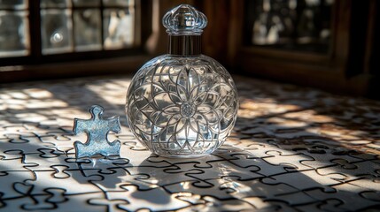 Crystal perfume bottle sits on a jigsaw puzzle with sunlight streaming through a window.