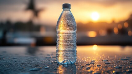 Cold water bottle on wet surface at sunset.