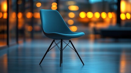 Modern teal chair in a stylish city apartment at night.