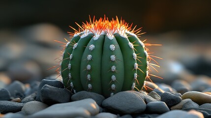 Close-up of a vibrant green spherical cactus with orange spines, nestled among dark grey stones, bathed in warm sunset light.