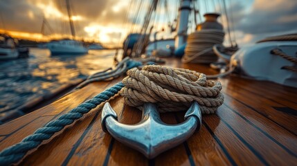 Close-up of anchor and rope on sailboat deck at sunset.