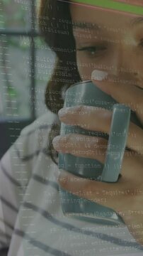Animation of data processing over woman using smartphone and drinkin tes at home