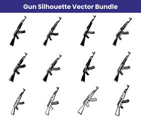 AK47 Style Rifle Silhouette Vectors Black and White Gun Clip Art Set